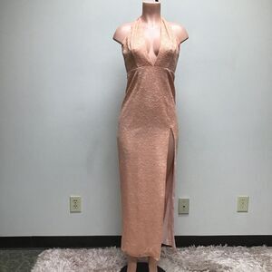 NBD Womens Peach Pink Slit V-Neck Sleeveless Halter Neck Maxi Dress Small New